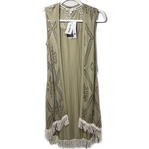 Jolt Olive Green, Crochet Fringe Sleeveless Duster Vest Size Small